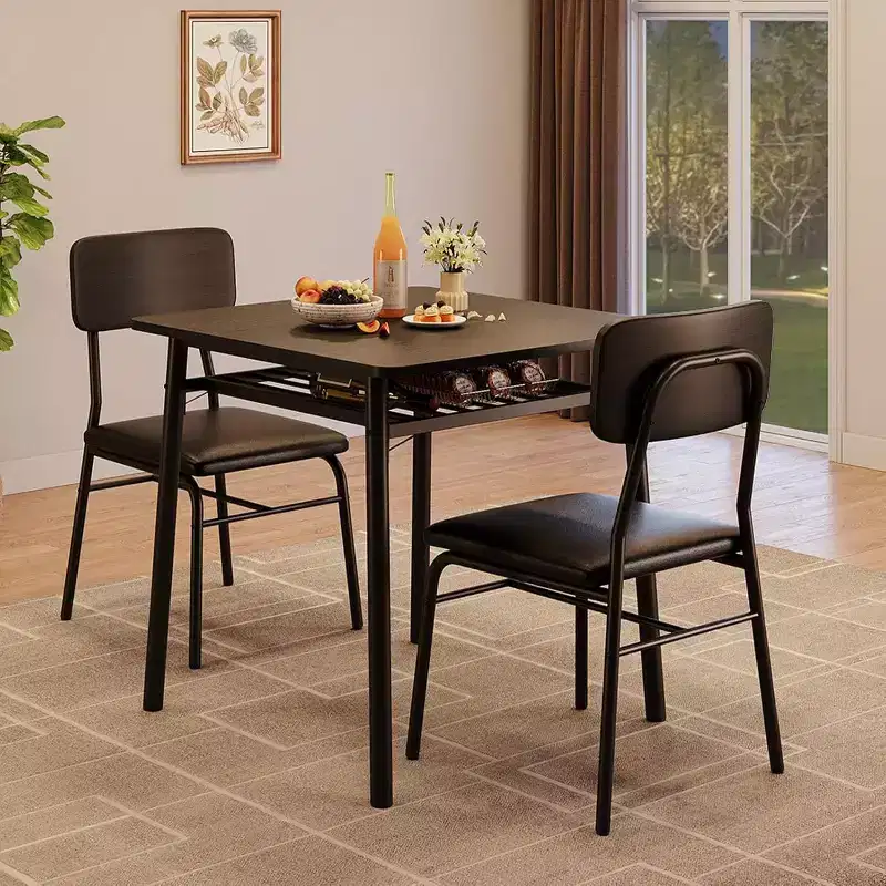 3-Piece Dining Set for 2 with Square Table, Storage Rack, Metal Frame, and Upholstered Chairs, Perfect for Small Spaces, Apartments, and Kitchens.