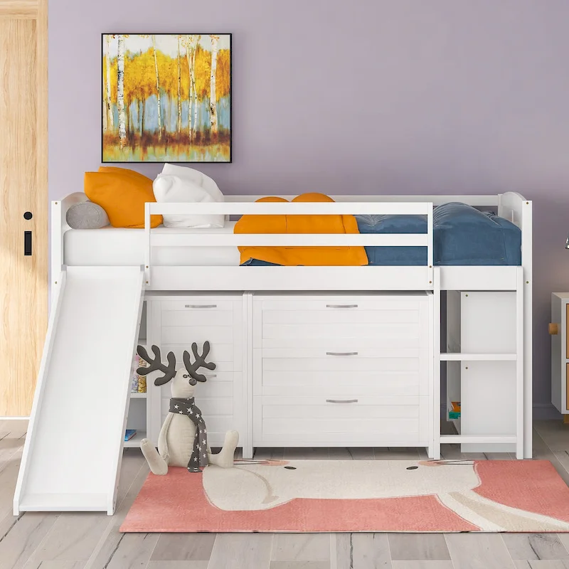 Twin Low Loft Bed with Storage Cabinets, Shelves & Ladder – White / Gray / Espresso, Pine Wood, Single