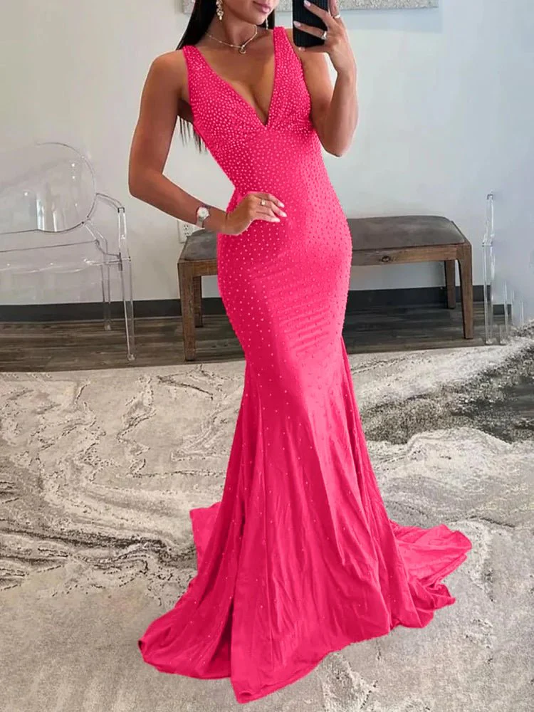 Mermaid Deep V-Neck Beaded Satin Long Prom Dress