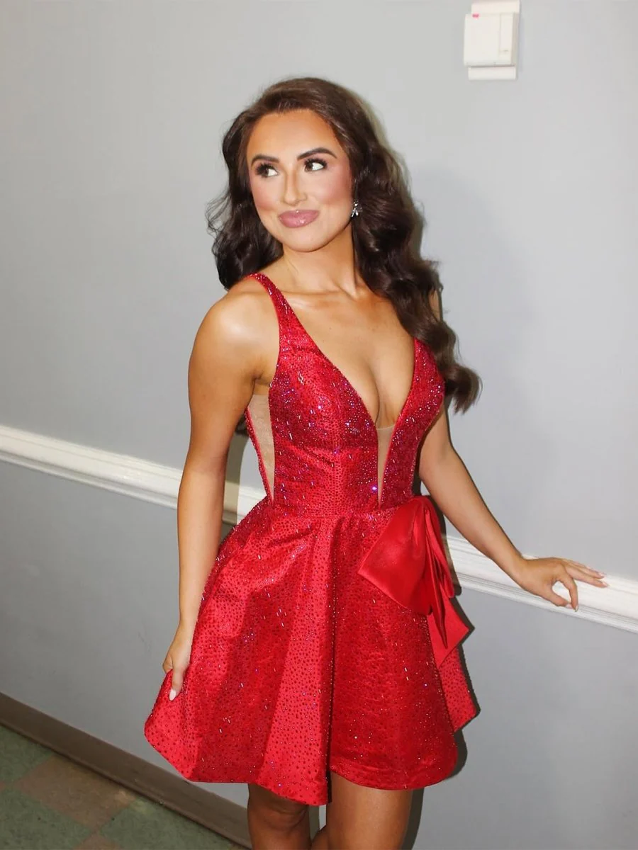 Red - V Neck A Line Satin Beaded Short Homecoming Dresses With Bow