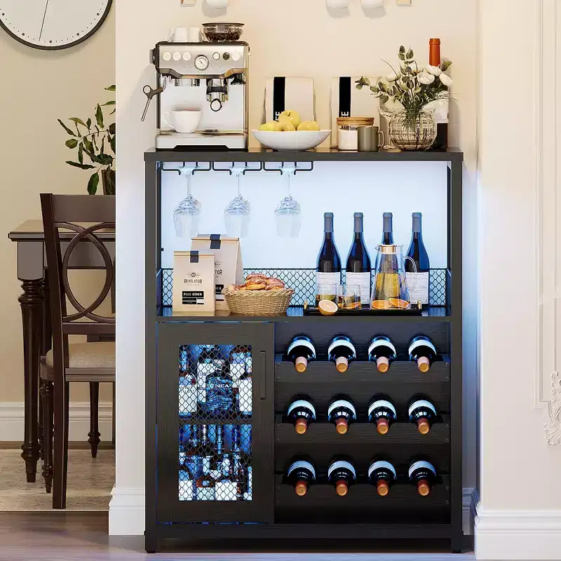 CuisinSmart Wine Bar Cabinet with Wine Rack&Glass Holder, Modern Wine Cabinet with Mesh Door, Industrial Sideboard Buffet Cabinet for Home Bar