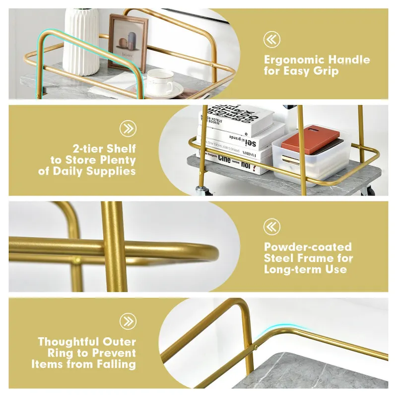 Gymax Gold Serving Cart Utility Trolley on Wheel Rolling Kitchen Rack