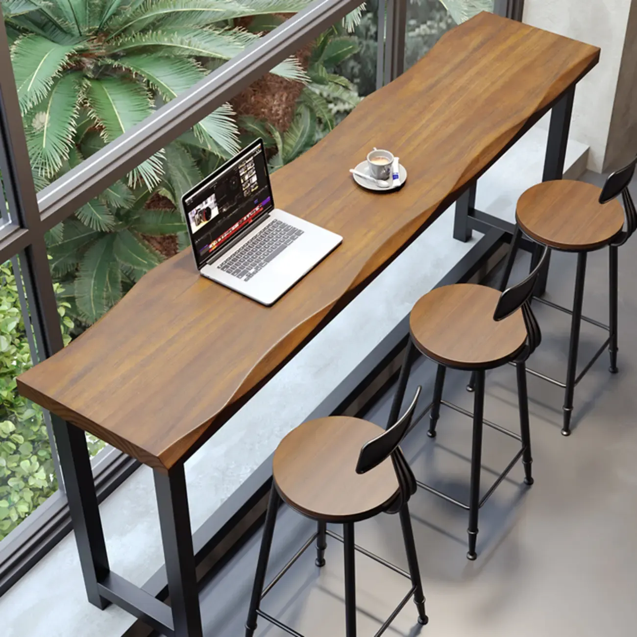 Modern Brown Wooden Grain Iron Trestle Bar Tables