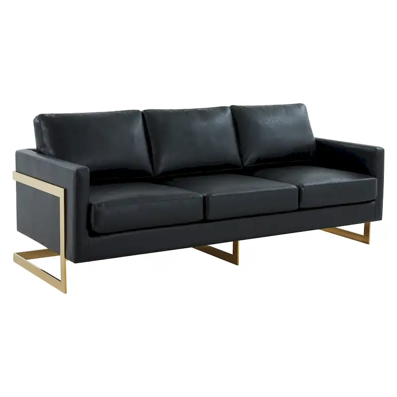 LeisureMod Lincoln Modern Upholstered Leather Sofa with Gold Frame - 83