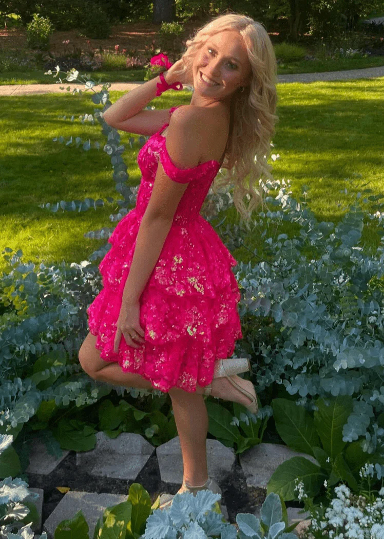 Fuchsia Gold - A-Line Sweetheart Tiered Short Homecoming & Cocktail Dresses