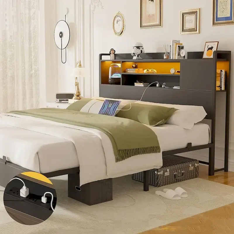 Platform Bed Frame with Reversible Storage Bookcase Headboard and Charging Station and RGB LED Lights