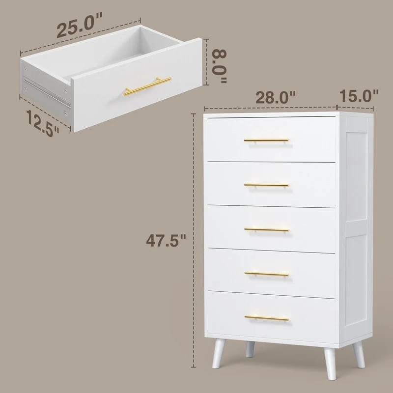 5-Drawer Dresser, Black/White, with Metal Knobs, for 1 Person