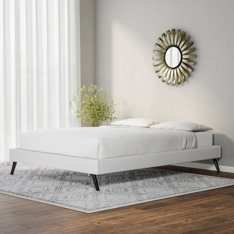 White Wood Queen Platform Bed | Round Splayed Legs, No Box Spring, Modern Bedroom