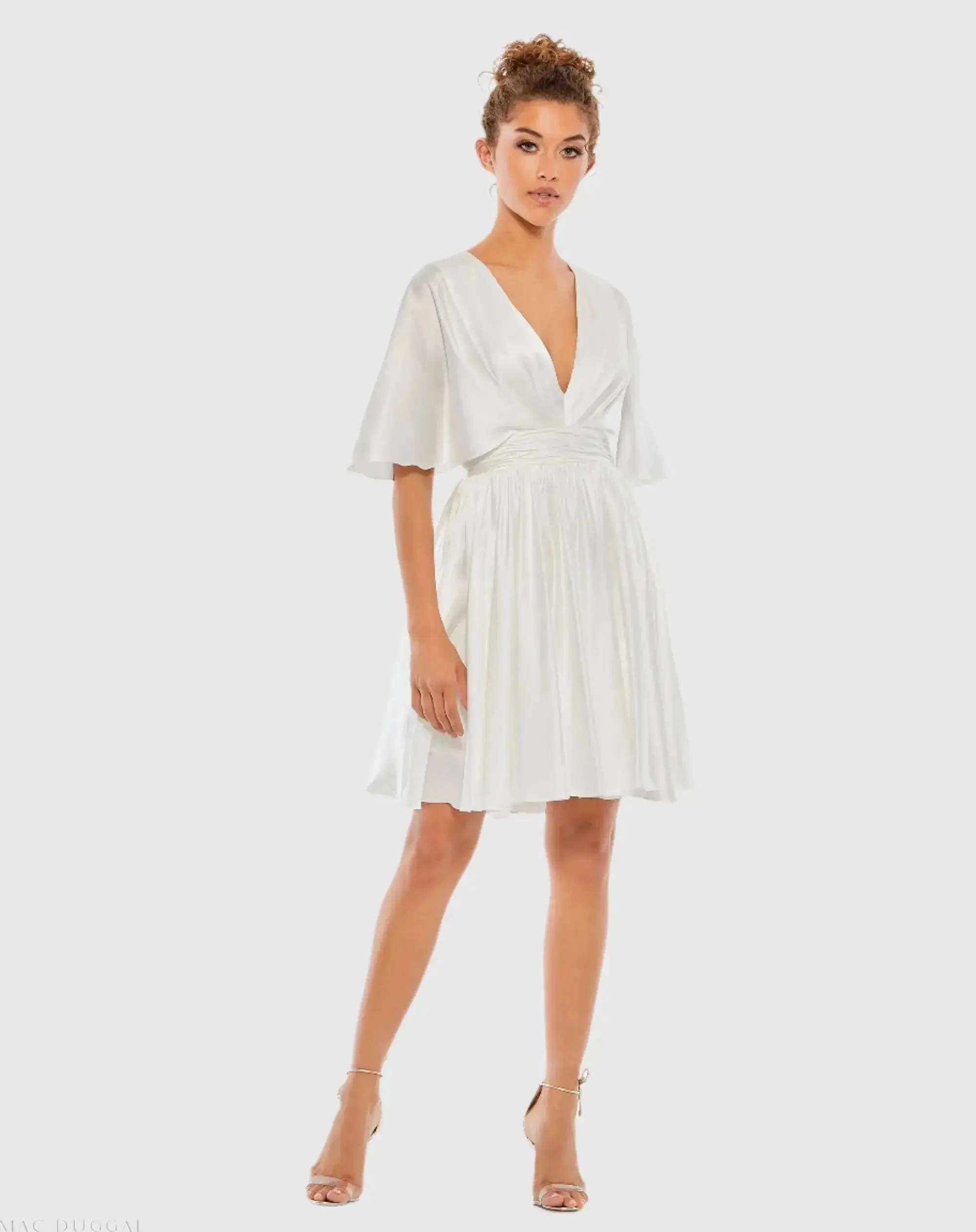 White Satin Flowy Cape Sleeve Mini Dress - FINAL SALE