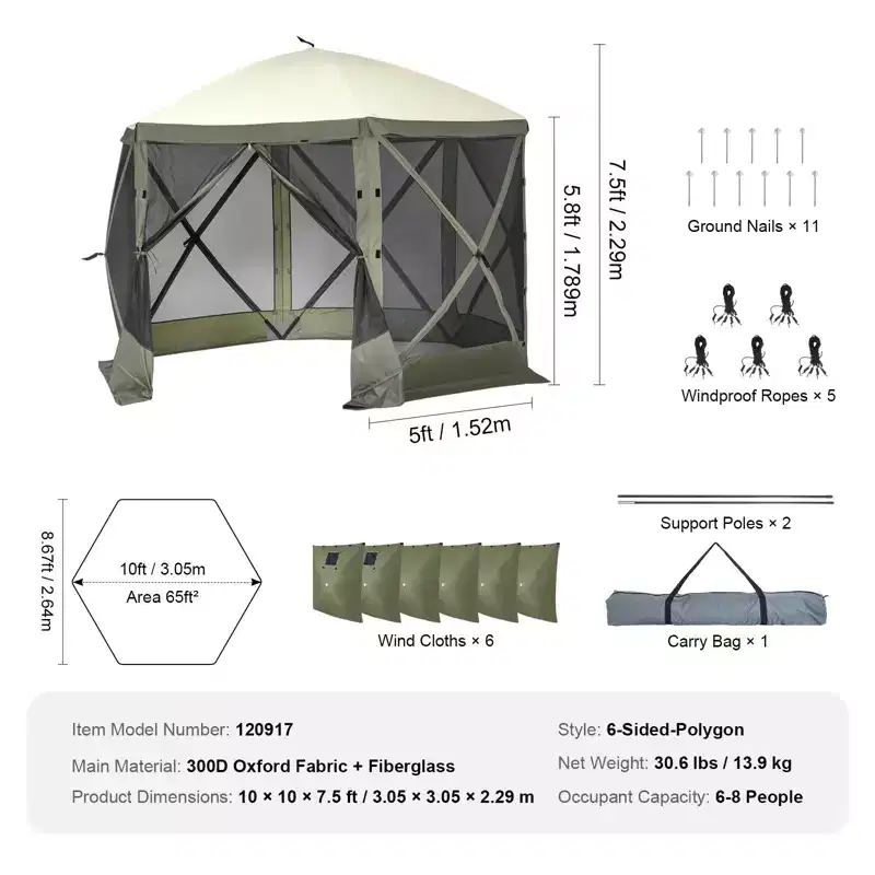 Pop Up Gazebo Screen Tent 10x10 FT 6-Sided Canopy Shelter with Removable Privacy Wind Cloths and Mesh