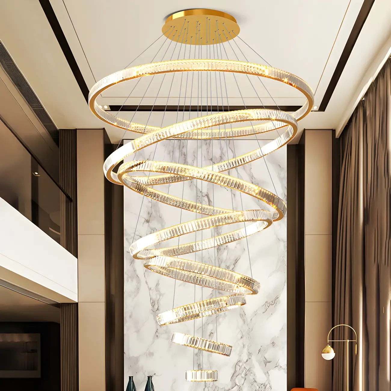 Gold Spiral Ring Crystal Tier Chandelier Modern Remote LED