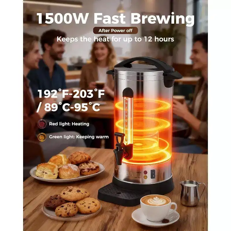 Commercial Stainless Steel Coffee Urn 304 Double Wall Electric Coffee Maker Hot Water Dispenser Fast Brewing for Home Office Catering Events