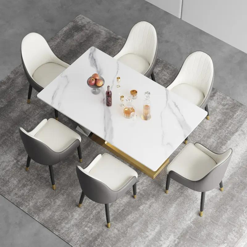 Modern Slate Kitchen Dining Table with White Rectangle Sintered Stone Top and Metal Legs -- 63/71/79