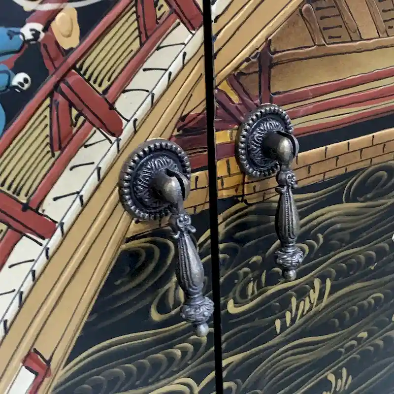 Black Chinese-Style Hand-Painted Sideboard with Double Sliding Doors, Drawers & Silver Foil Accents