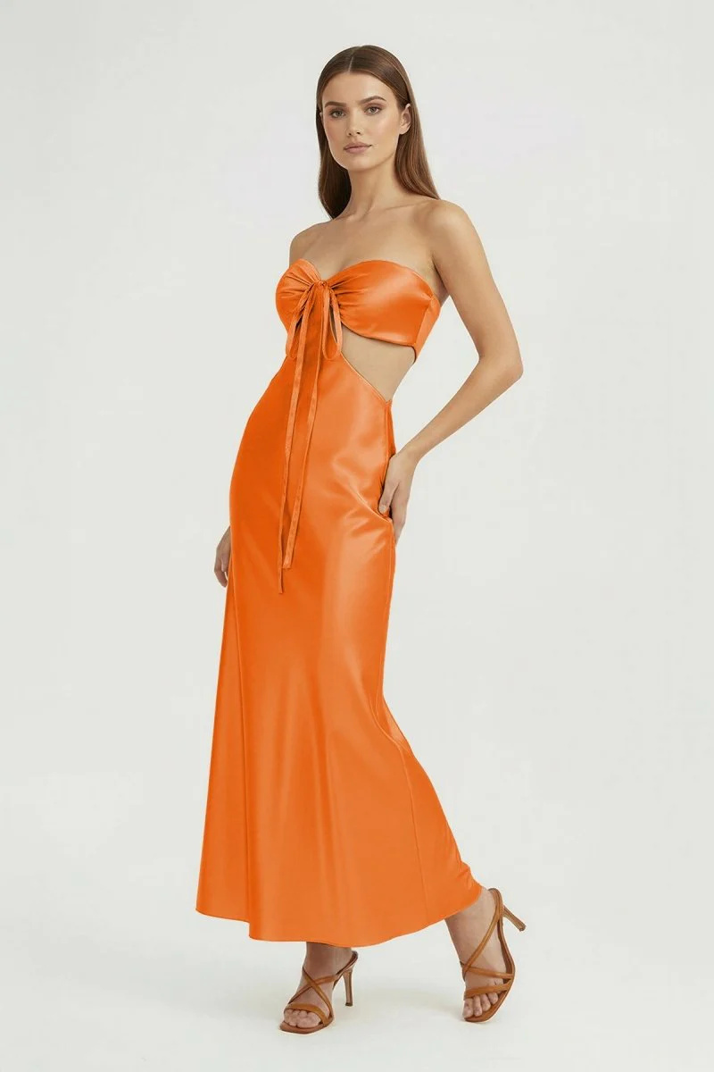 Aqua Strapless Sheath Satin Open Back Prom Dresses With Cutout
