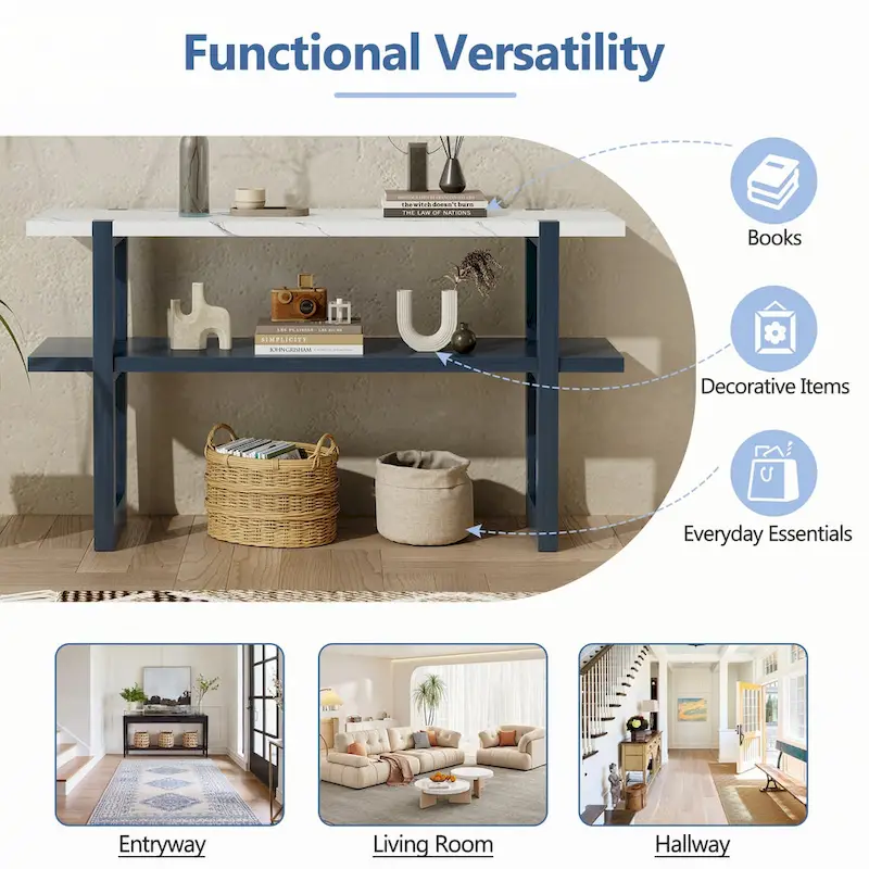 Narrow Console Table with Marble-Effect Top(Navy)
