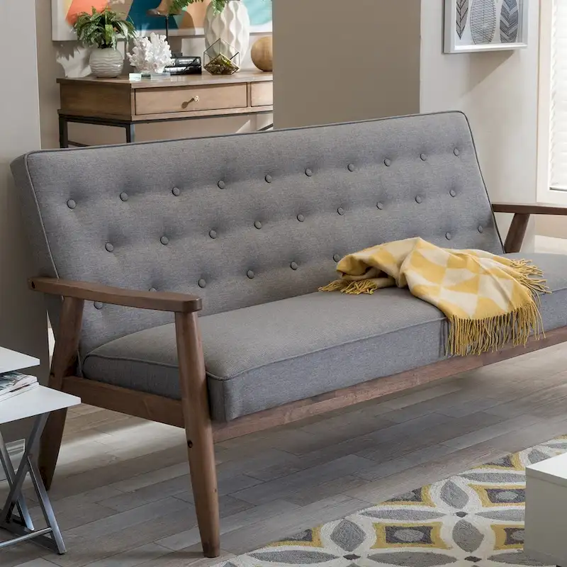 3-Seat Mid-Century Sofa, Button-Tufted, Rubberwood Frame, Polyester Fabric, Grey, 3-Person Use
