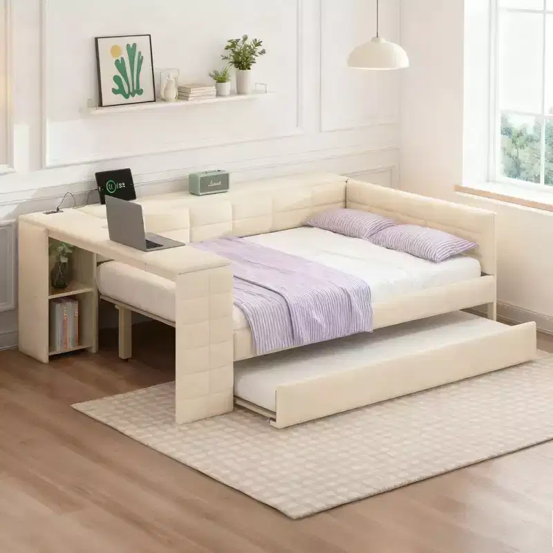 Luxystar Full Size Upholstered Platform Bed with Trundle, Storage Shelves, Side Desk and Charging Station