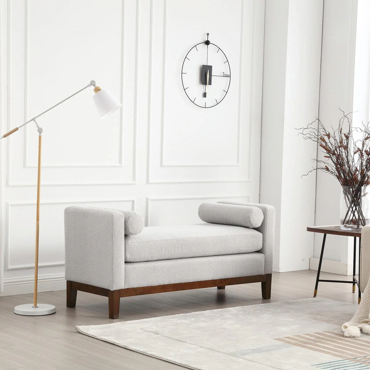 Elegant 53.5 Upholstered Ottoman Bench with Wood Legs & Bolster Pillows