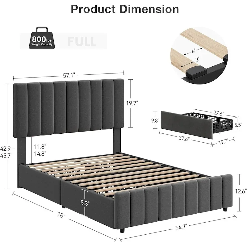 Grey/Black/White PU Leather Bed Frame with 4 Drawers & Adjustable Headboard – Full/Queen/King, 1–2 Person