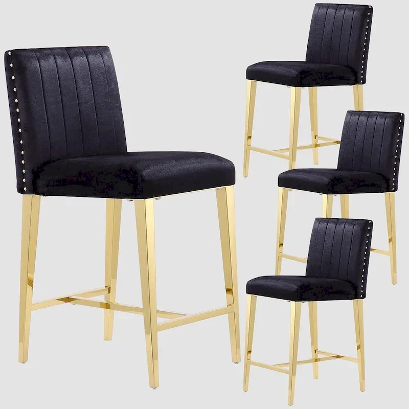 Black Velvet Bar Stool with Gold Legs, Upholstered, Set of 2 / Set of 4