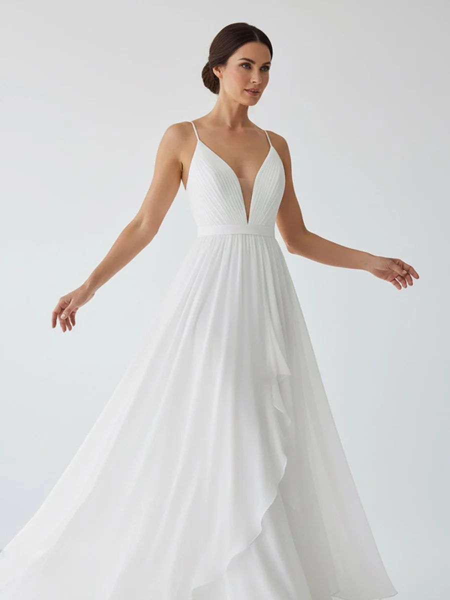A-Line V Neck Straps Spaghetti Sheath Chiffon Wedding Dress