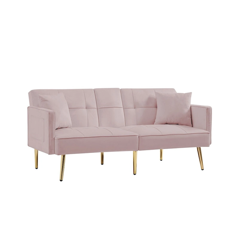 Pink Velvet Sofa Bed, Converts, Adjustable Positions, Central Armrest