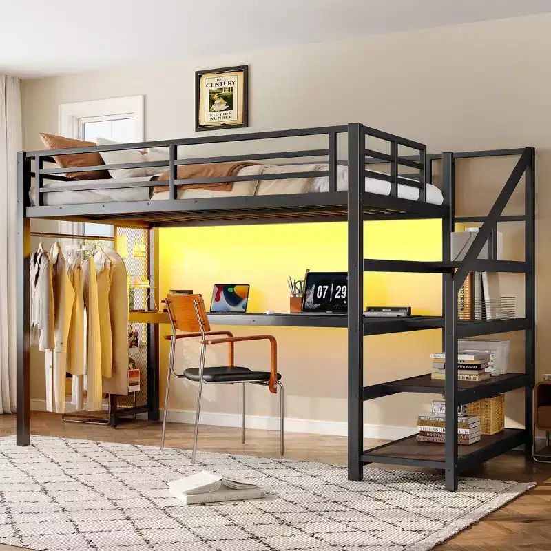 Bellemave Twin XL Metal Loft Bed with Desk & Storage Stairs, LED Lights, USB Ports, Iron Net Panels, Noise-Free Frame, Black