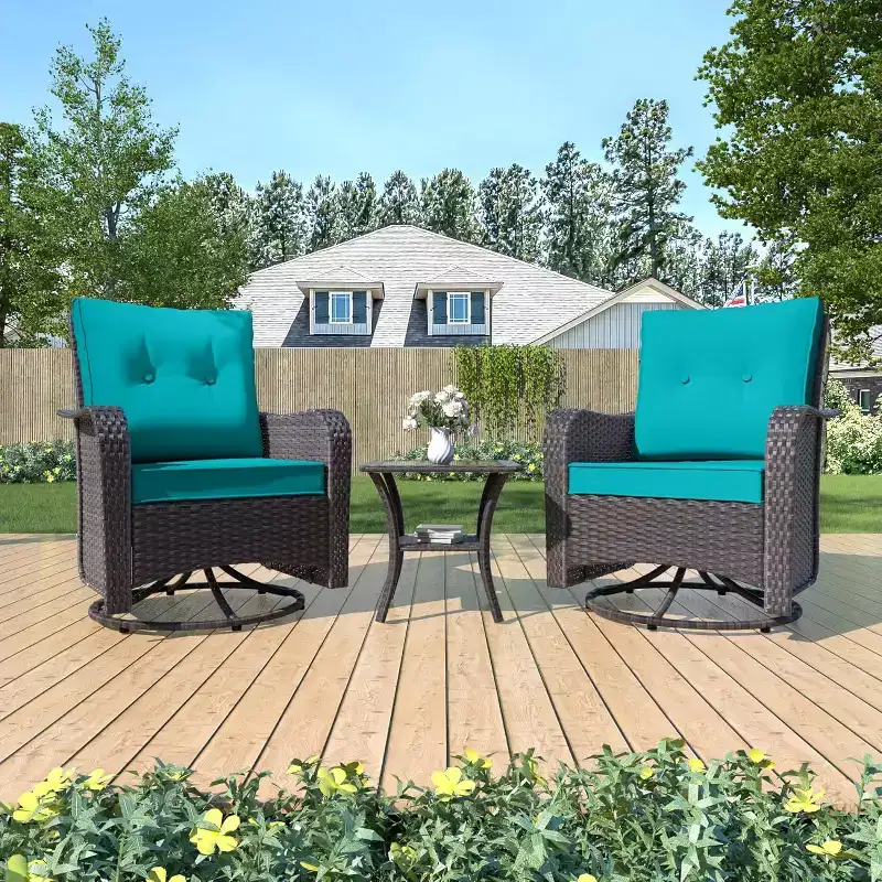 ALAULM Patio Furniture Set Outdoor Swivel Gliders Rocker, Wicker Patio Bistro Set, Rocking Chair with Tempered Glass Table and Thickened Cushions