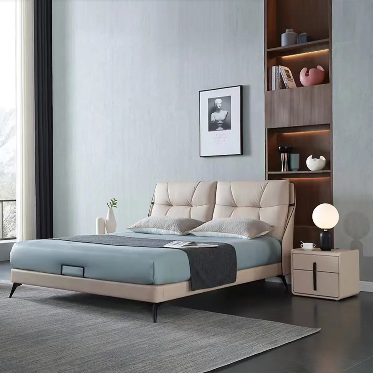 Modern Leather Top Wood 2-Drawer Nightstand