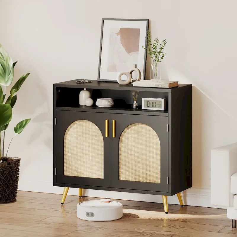 Rattan 2-Door Buffet Sideboard Cabinet with Adjustable Shelves