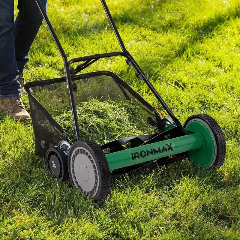 Ironmax 16 Push Lawn Mower,Cordless Manual Reel Mower,6.9Gallon Removable Grass Catcher Black + Orange/Green/Red