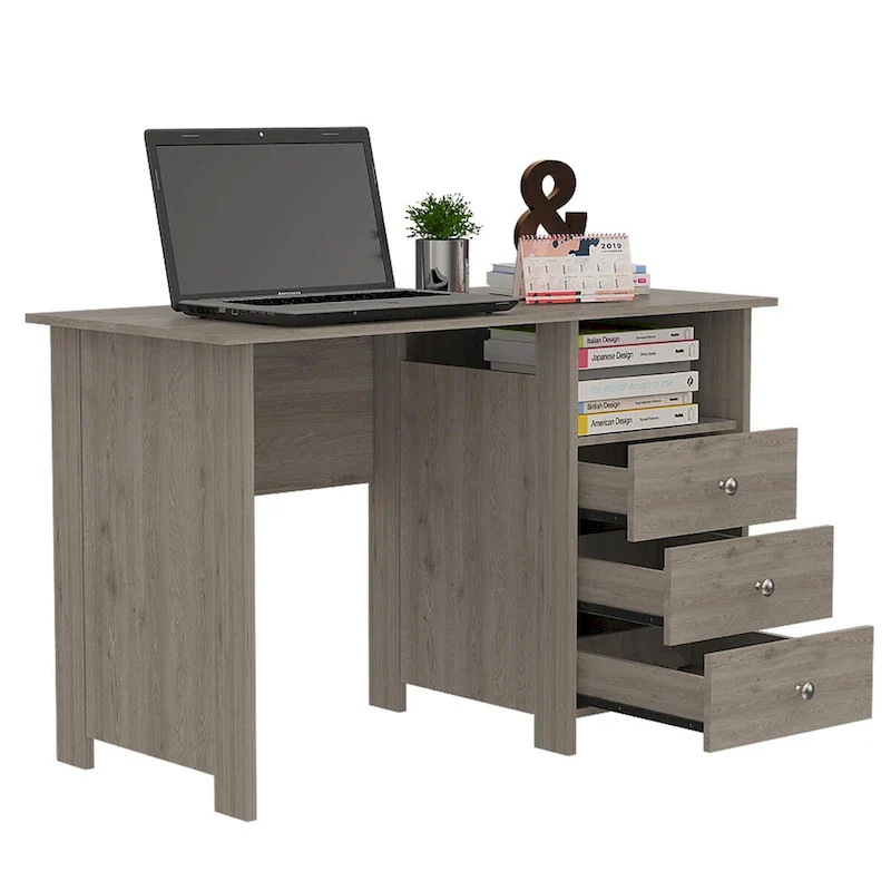 Freestanding Computer Desk with 3 Drawers and Open Shelf, Grey