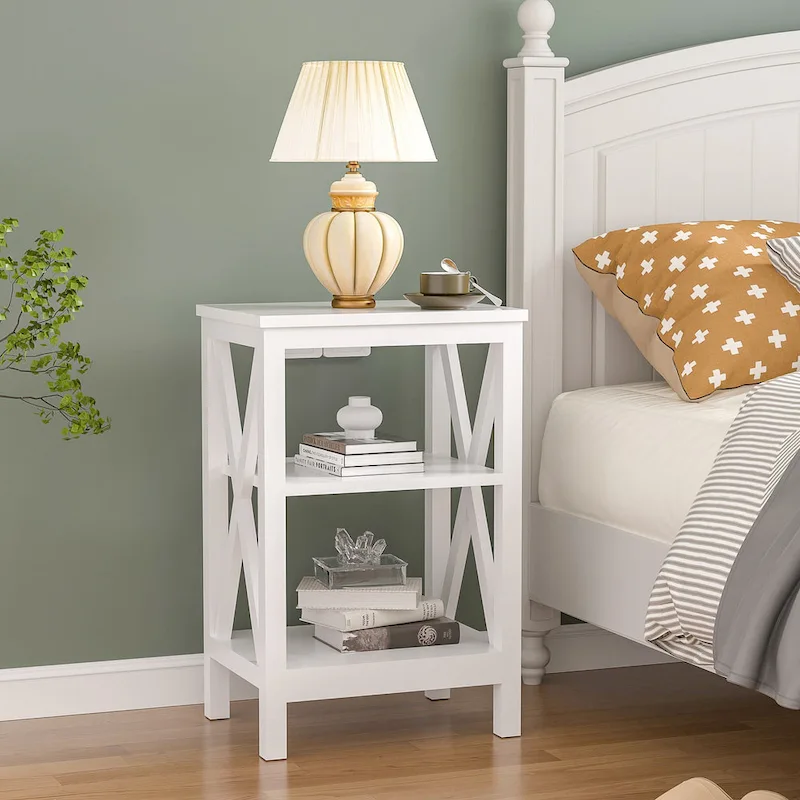 Modern Nightstand with 3-Tier Storage Shelves, Nightstands of 2