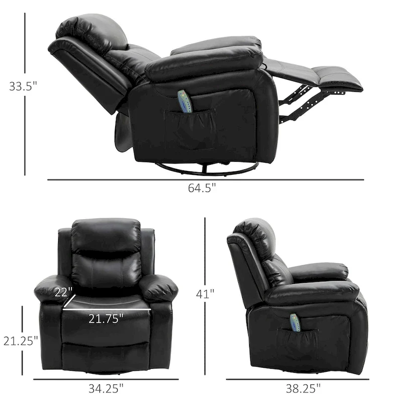 PU Leather Massage Recliner Chair, Swivel Rocker with Remote Control