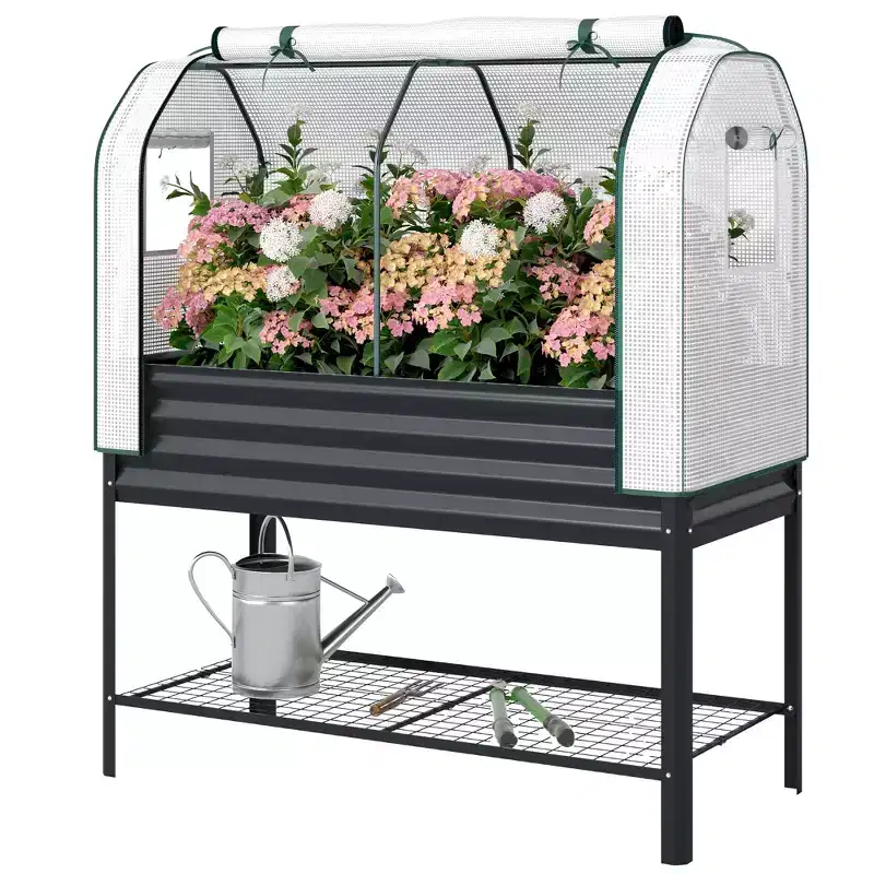 Outsunny Galvanised Raised Garden Bed with Greenhouse Cover, Metal Elevated Garden Bed with Bed Liner and Bottom Shelf