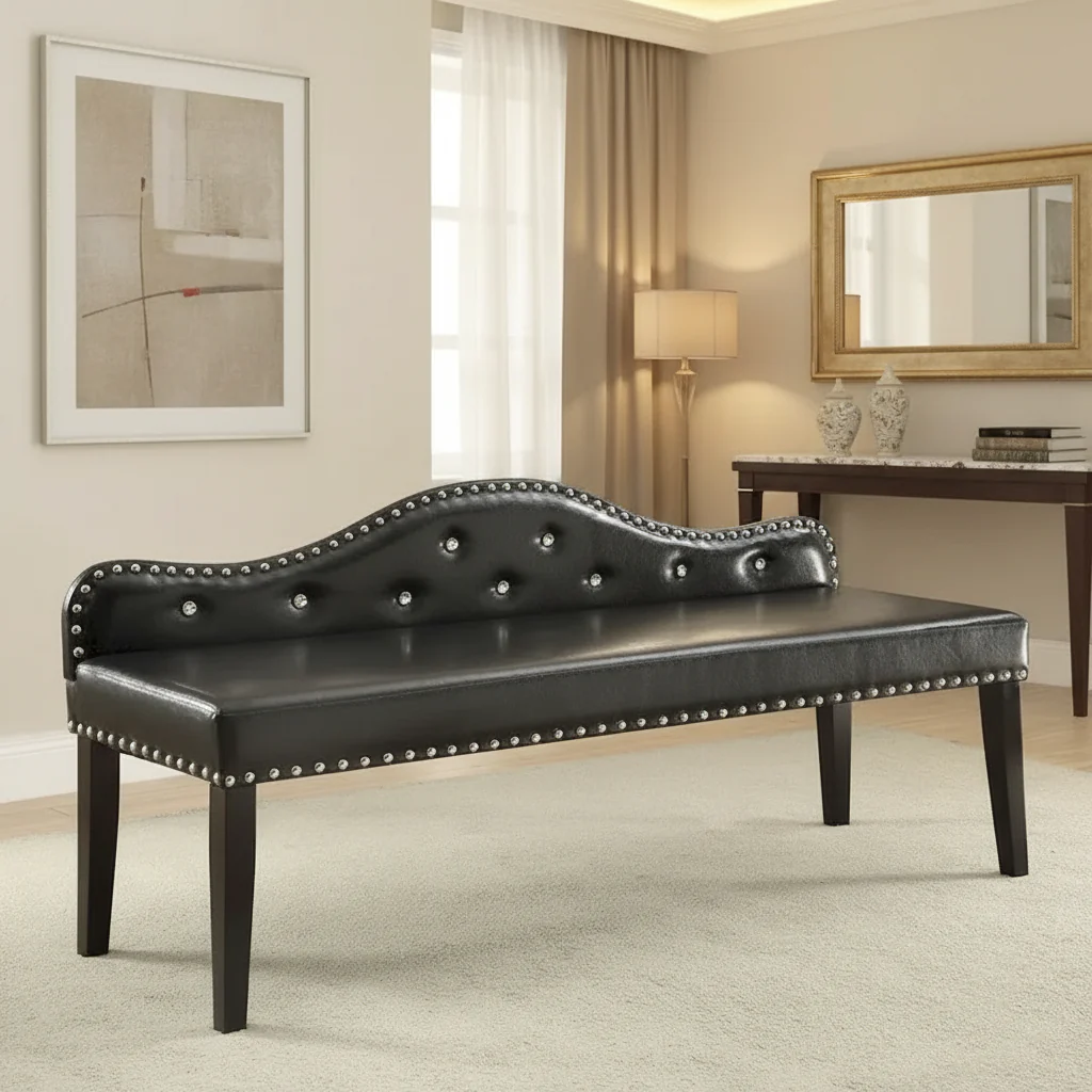Modern Black Leatherette Tufted Accent Bench