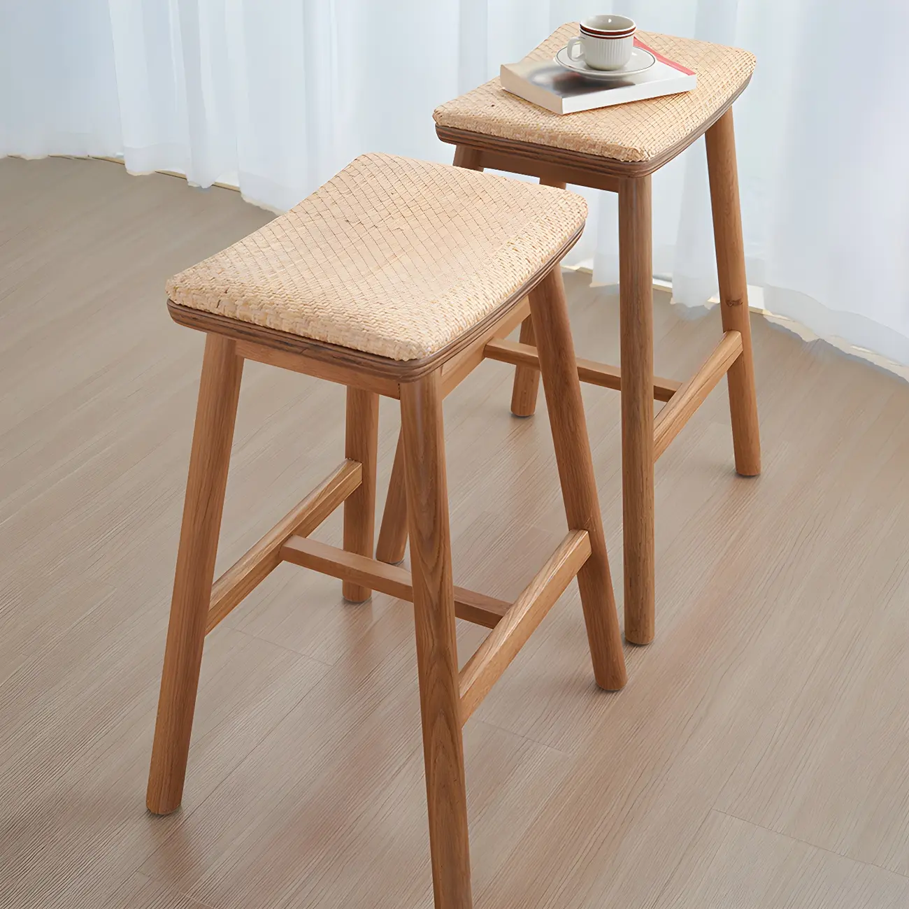 Brown Oak Wood  Ratten Seat Backless Counter Bar Stools