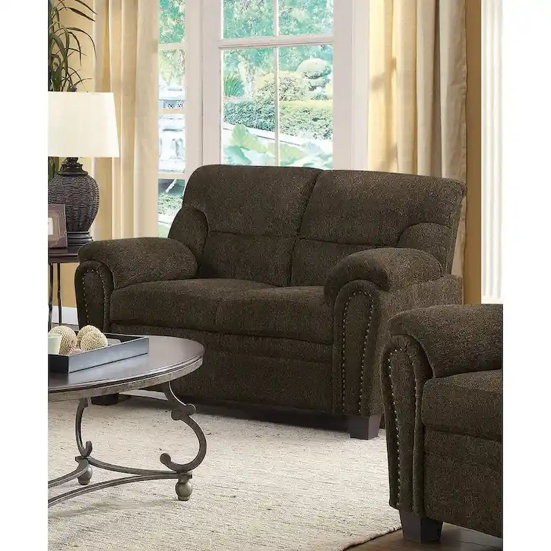 Brown Upholstered Living Room with Nailhead Trim – Transitional Style