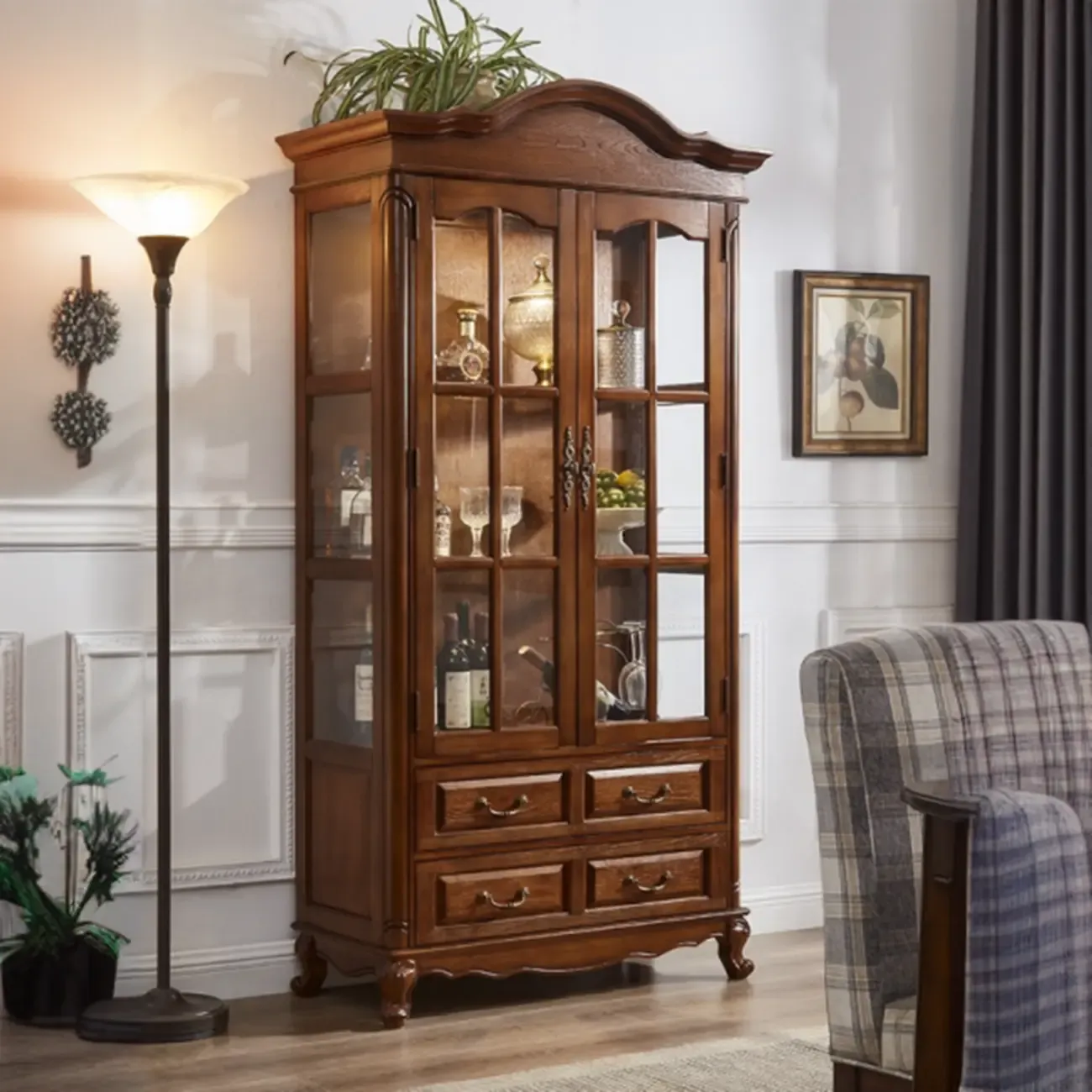 Antique Nut-Brown Wooden Glass Display Storage Cabinet