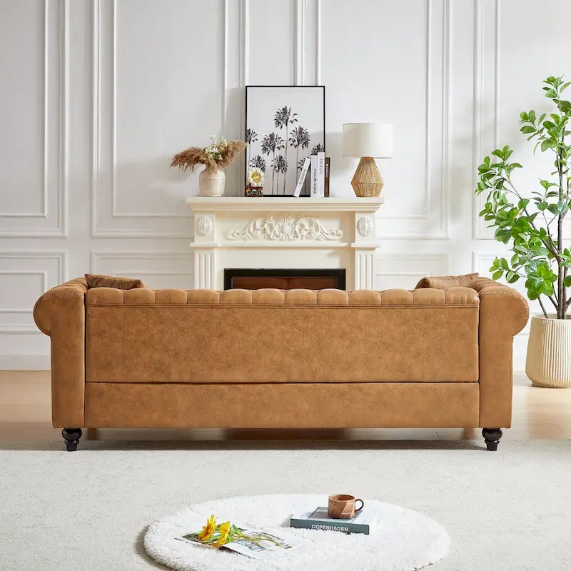 Gray Tufted Sofa with Rolled Arms - 3 Seater