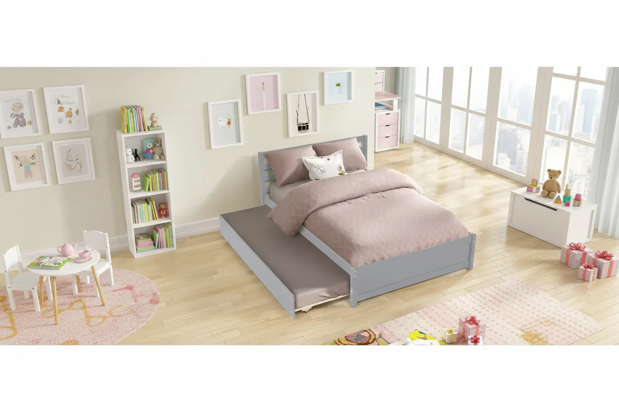 Grey Full Wood Platform Bed Frame with Headboard & Twin Trundle, Sleeps 1–2