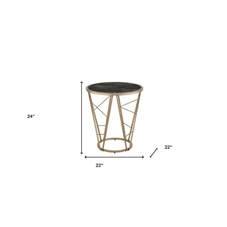 HomeRoots 24 Champagne And Black Faux Marble Glass And Metal Round End Table - 22' X '24' X '22