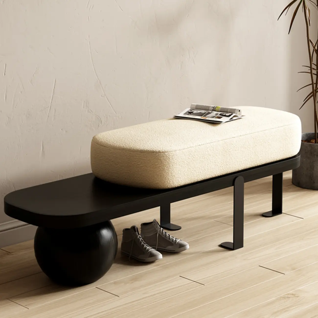 Modern Wooden Beige Upholstered Short Bench