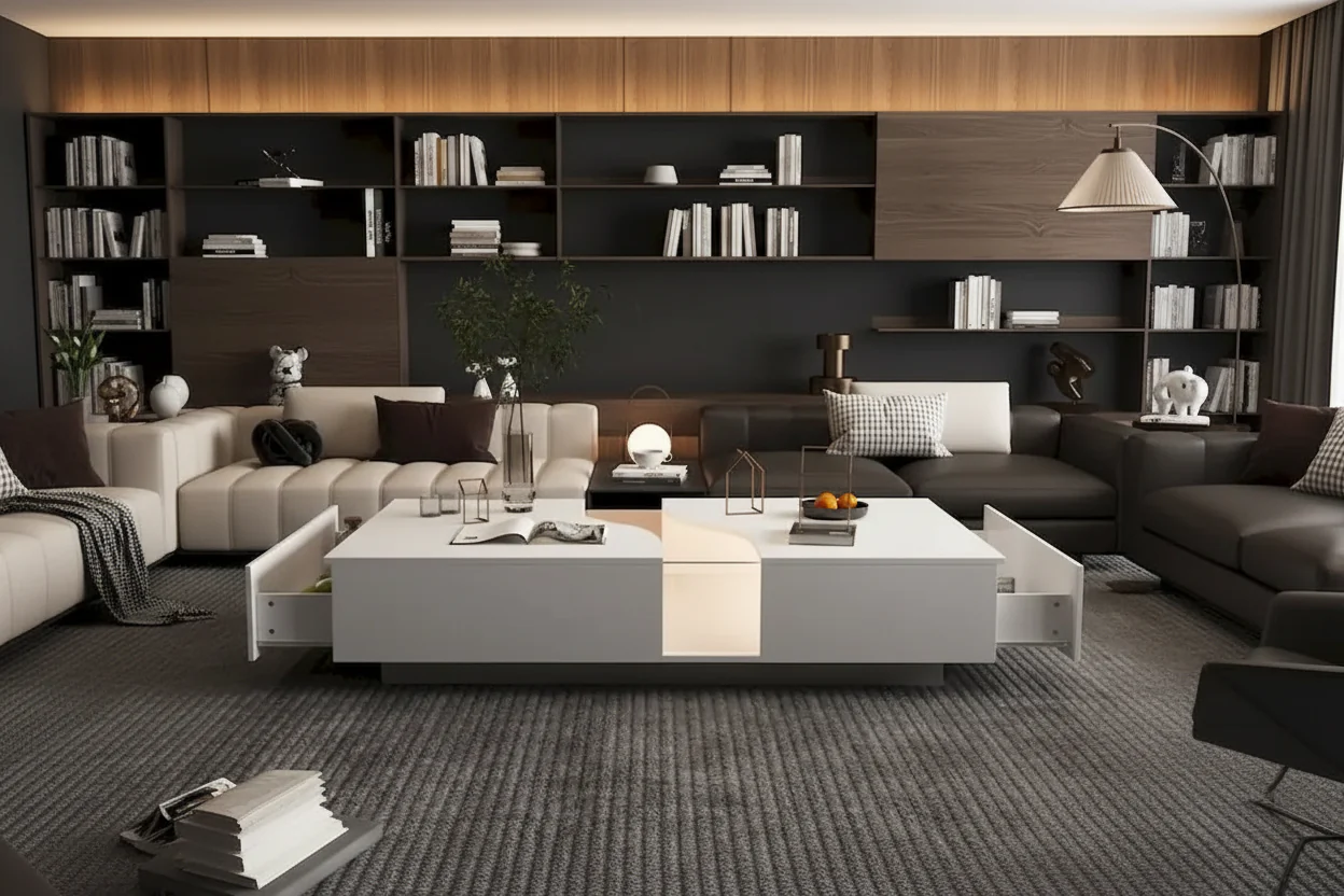 White Dual-Drawer Coffee Table with LED Display Top