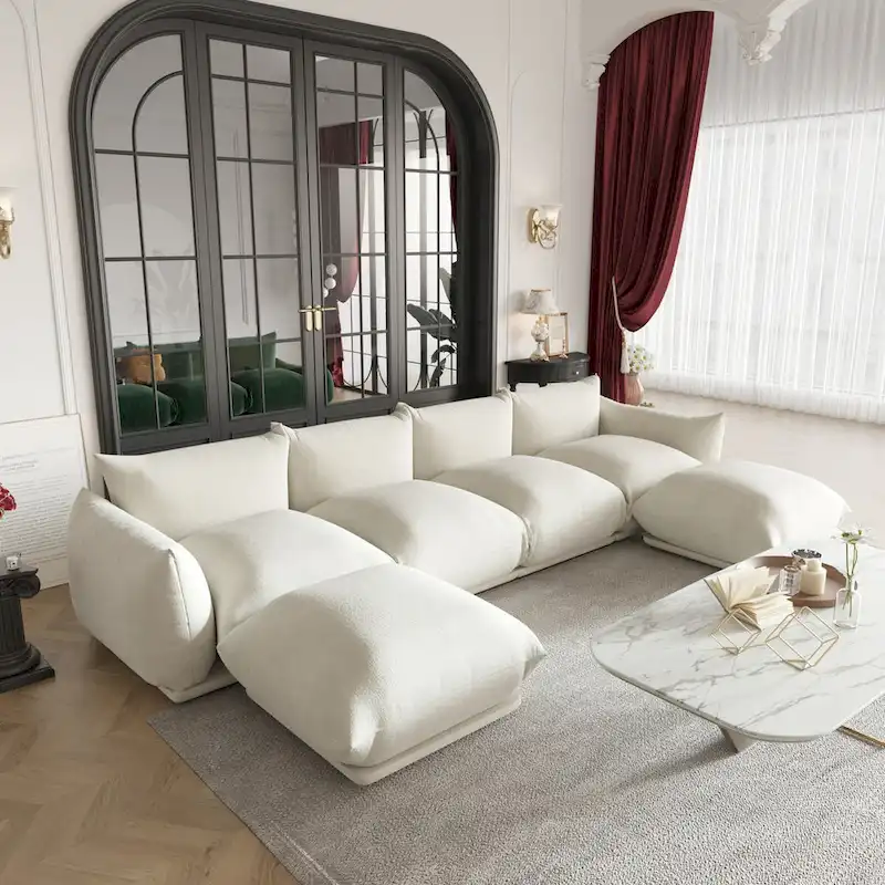 130 U-Shaped Sectional Sofa, Minimalist Chenille Modular 6-Seat Couch Sectionals with Reversible Chaise Ottoman