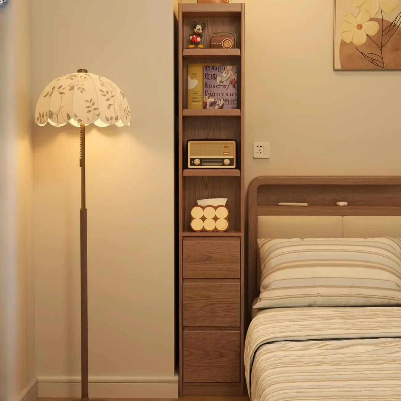 Narrow Oak Wood Corner Bookcase with Drawers