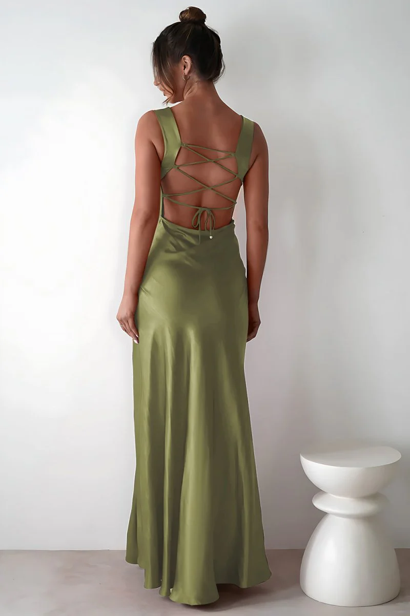 Red A-Line Square Neck Satin Long Prom Dresses with Slit