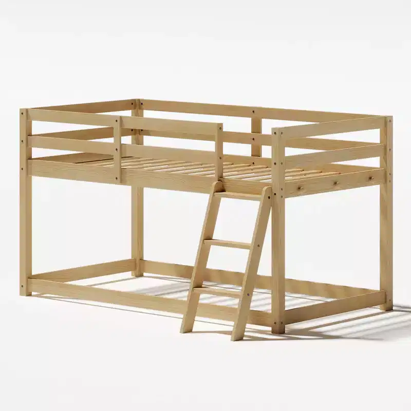 VIYET 76 Kids Twin Low Loft Bed (Convertible to Bunk Bed), Solid Pine Wood Frame w/ LED Strip Lighting & 6 Hooks, Oak