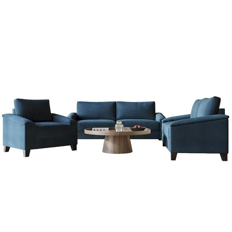 Linen Upholstered 3-Piece Sofa Set – Chair, Loveseat & Sofa (Blue / Light Blue / Beige / Grey / Dark Beige)
